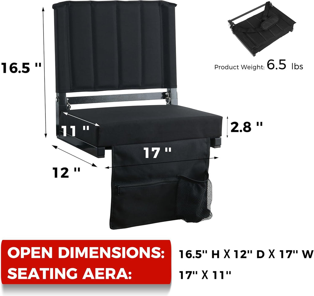 Sport Beats Stadium Seats - Comfortable Bleacher Chairs with Back Support & Cushion | Black, 1pc Regular - 17" W x 12" D x 16.5" H