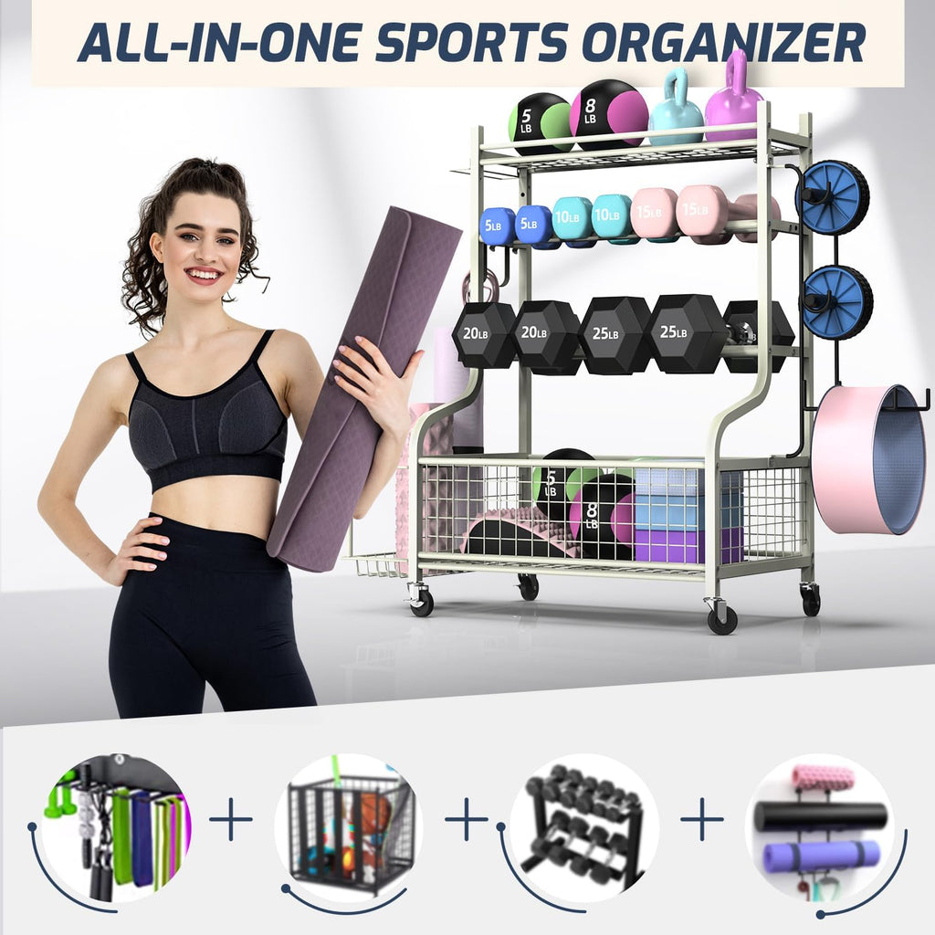 PLKOW Dumbbell Rack - All-In-One Home Gym Storage for Dumbbells, Kettlebells & Yoga Mats - Durable Steel with Wheels