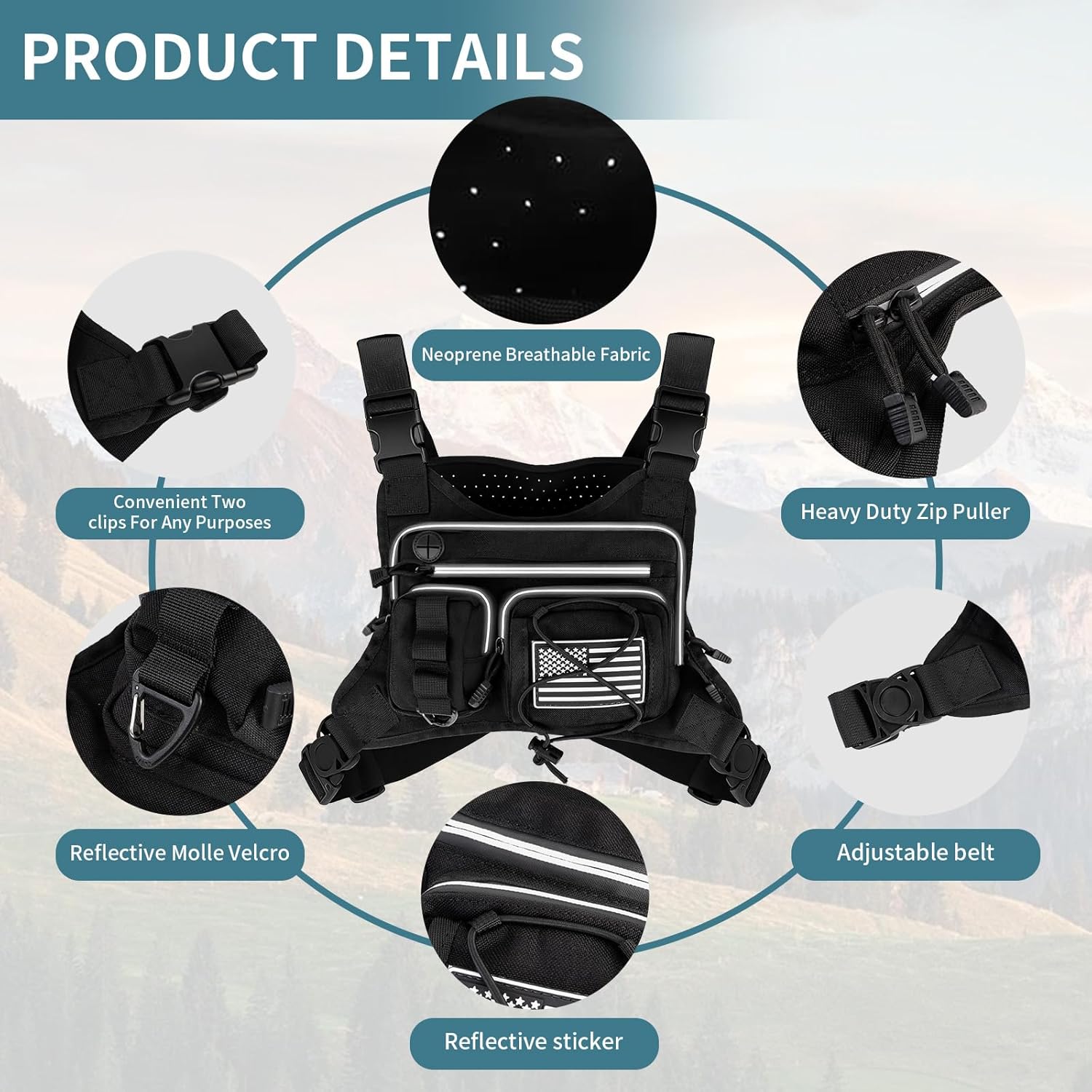 Skiennix Tactical Chest Bag - Breathable Multi-Functional Running Vest with Reflective Zipper Pocket | Adjustable Straps for Night Running, Hiking, Cycling (Black)