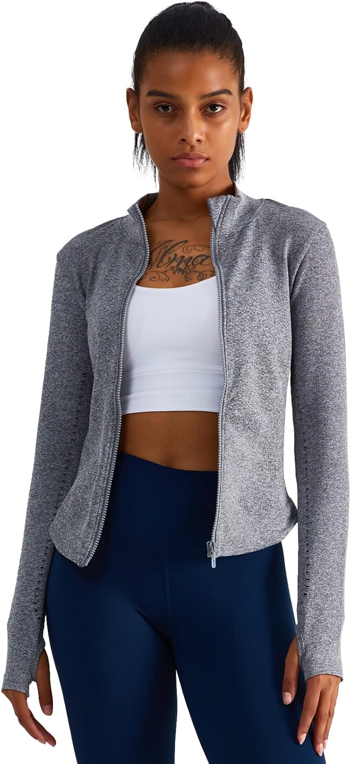 Sphinx Cat Women's Athletic Long Sleeve Zip Jacket - Slim Fit Workout & Yoga Wear with Thumb Holes