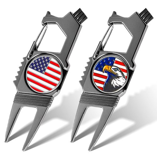 GKandi 7-in-1 Golf Divot Tool with Ball Marker Value 2 Pack, Green Repair Tool Multi-Use Fixer for Pitch Mark with Clip, Premium Golf Accessories for Men Ladies (Black)