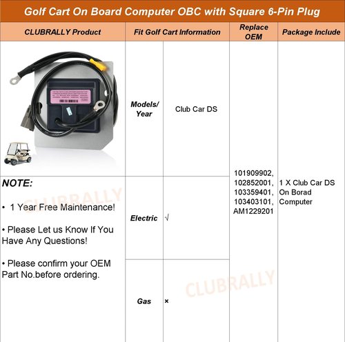 CLUBRALLY Golf Cart On Board Computer OBC with Square 6-Pin Plug Fits for Club Car DS Electric 48V Regen II IQ, OEM# 101909902, AM1229201, 102852001, 103359401, 103403101