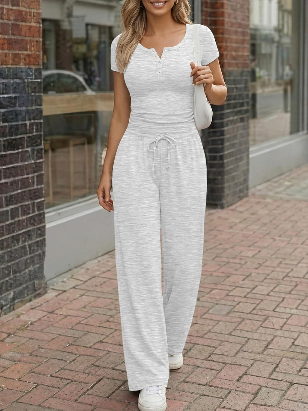 Trendy Queen Women's Lounge Set - Summer Henley Crop Top & Wide Leg Pants | Casual Comfort