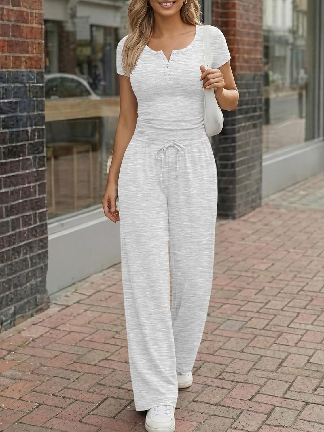 Trendy Queen Women's Lounge Set - Summer Henley Crop Top & Wide Leg Pants | Casual Comfort