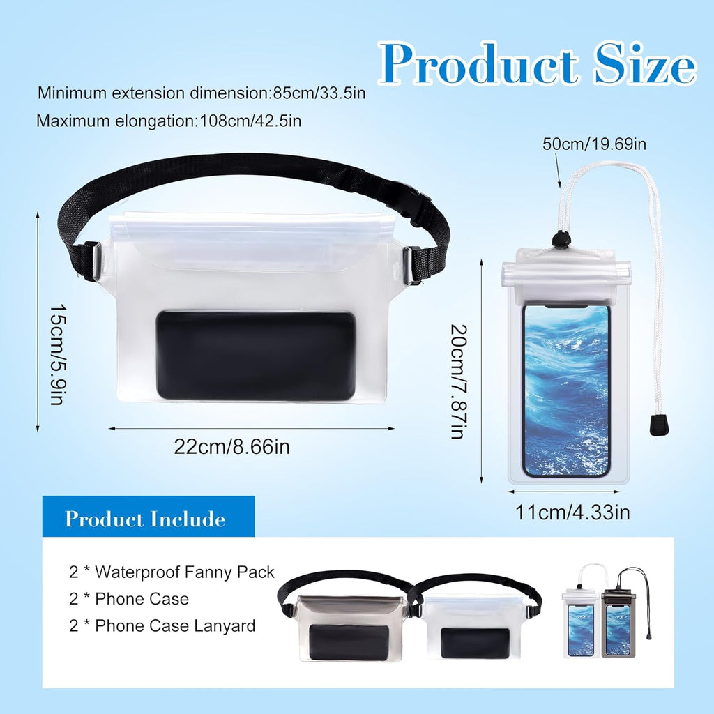 Skiennix Waterproof Fanny Pack - 4 Pack with Waist Strap & Phone Pouch for Kayaking, Beach, Travel | Black & White