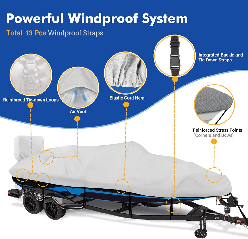 1200D Waterproof Boat Cover - Heavy Duty Protection for 20' to 22' Bass & V-Hull Boats - Gray
