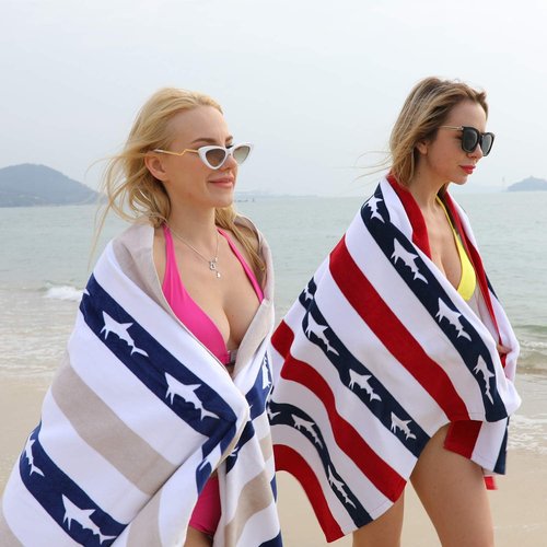 Cabana Large Beach Towel - Oversized Cotton Velour 35 x 70 Inch Shark Striped Pool Towel | Soft for Adults