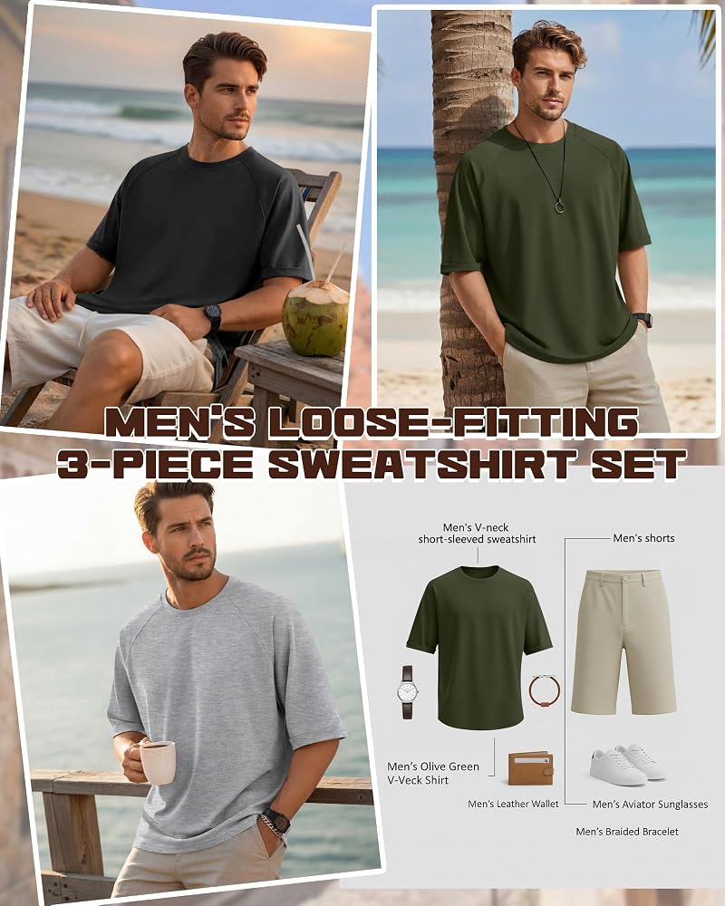 August Alley 3 Pack Mens Oversized T-Shirts - Black, Light Heather Gray, Army Green (Large)