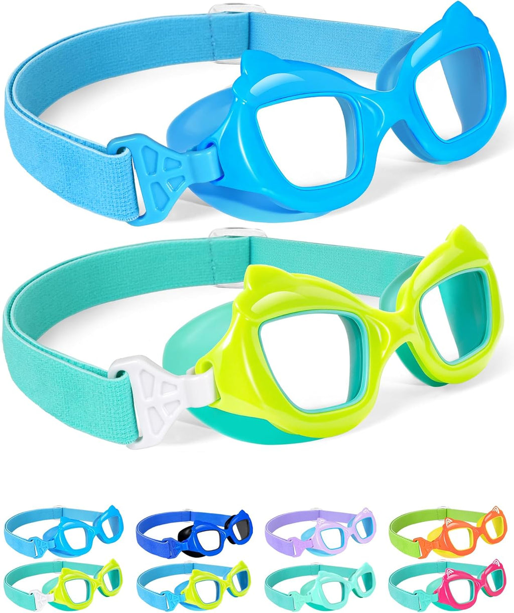 Seago Kids Swim Goggles - Cat-Shaped, Anti-Fog, UV Protection | 2 Pack with Fabric Strap for Ages 3-15