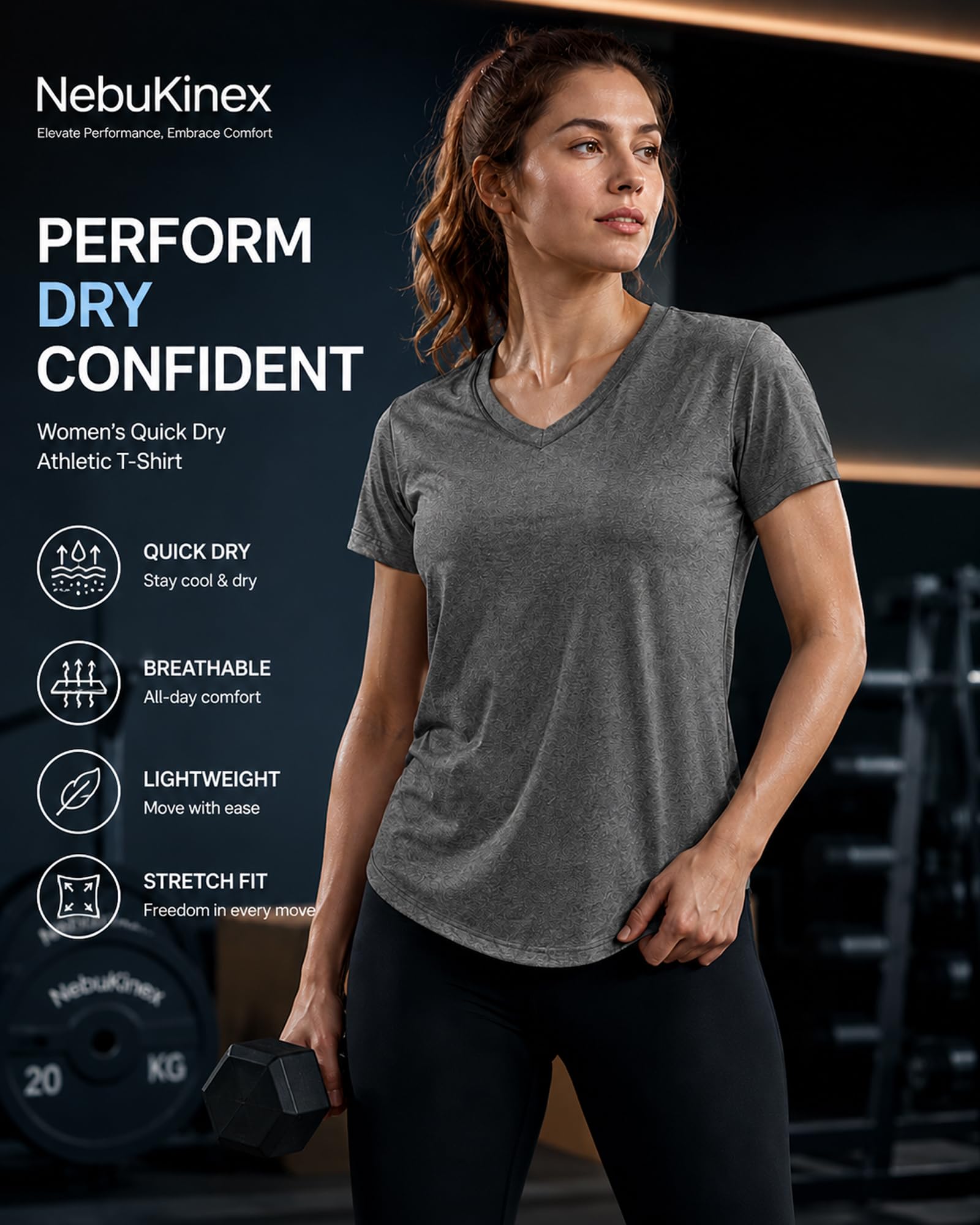 NebuKinex 6 Pack Workout Tops for Women Short Sleeve V-Neck Athletic T Shirts UV UPF 50+ Sun Protection Quick Dry Gym Running Yoga Tee-XL