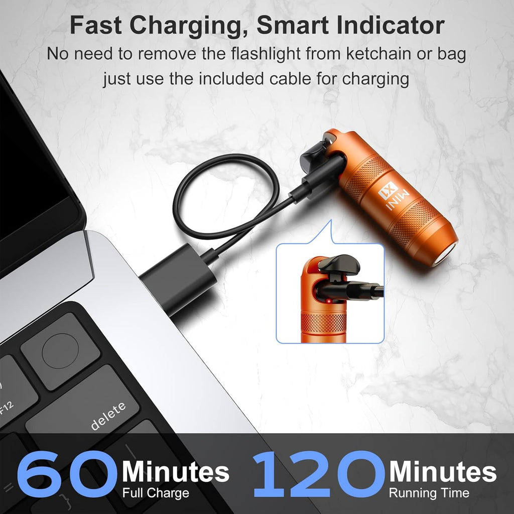 Skiennix Mini Keychain Flashlight - 100 Lumens USB-C Rechargeable Micro LED Torch | Waterproof IPX6, Orange
