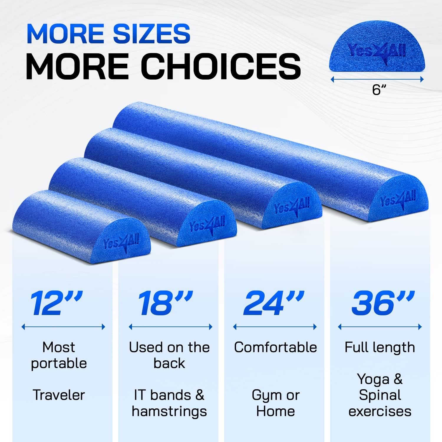 Yes4All Medium Firm Half Foam Roller - Versatile PE Foam for Post-Workout Relaxation | 12/18/24/36 Inch Sizes