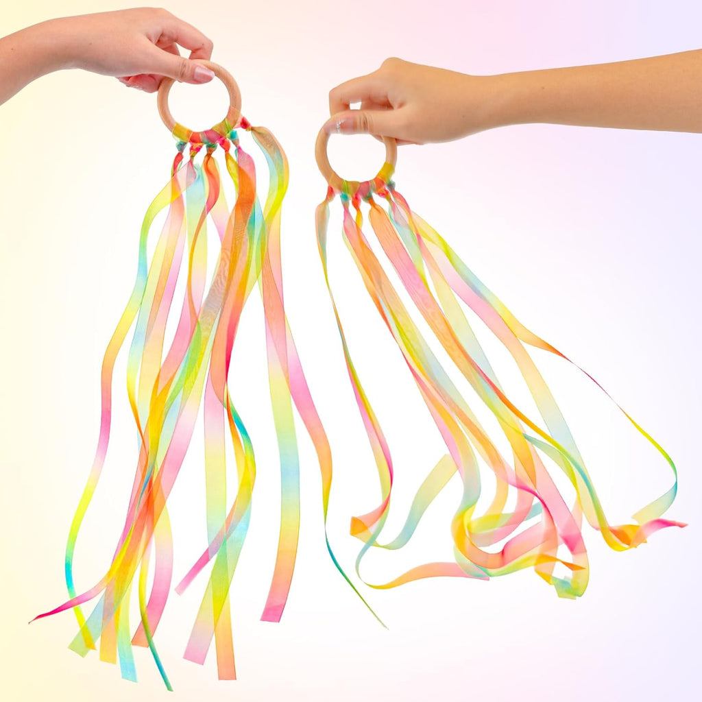 Skiennix Hand Kites - 2Pcs Colorful Dance Ribbons with Wood Ring for Gymnastics & Parties