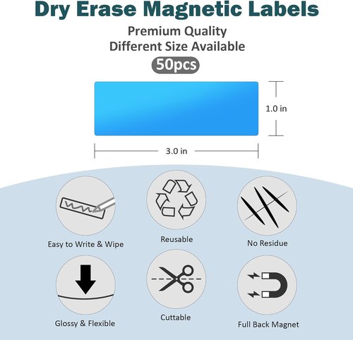 LLPT Magnetic Dry Erase Labels - 1" x 3" Reusable Writable Stickers for Whiteboards & Metal Surfaces - 50 Pack, White