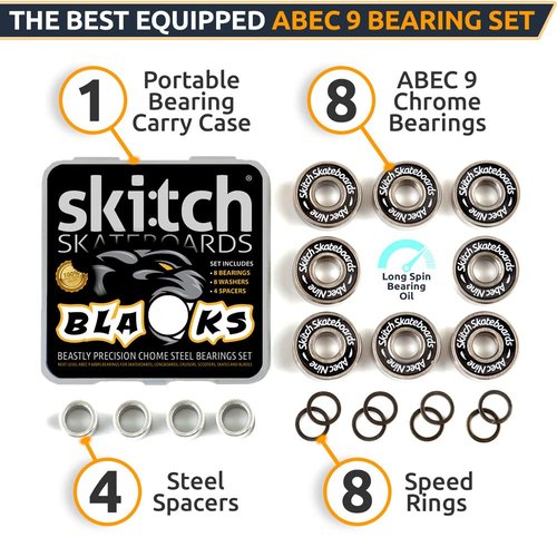 SKITCH Precision Fast Spin Bearings Set | 8 Pack 608 2RS ABEC 9 Chrome Steel Deep Groove Ball Bearing Set for Skateboards, Longboards, Inline Skates, Scooters | + Washers + Spacers | 8mm x 22mm x 7mm