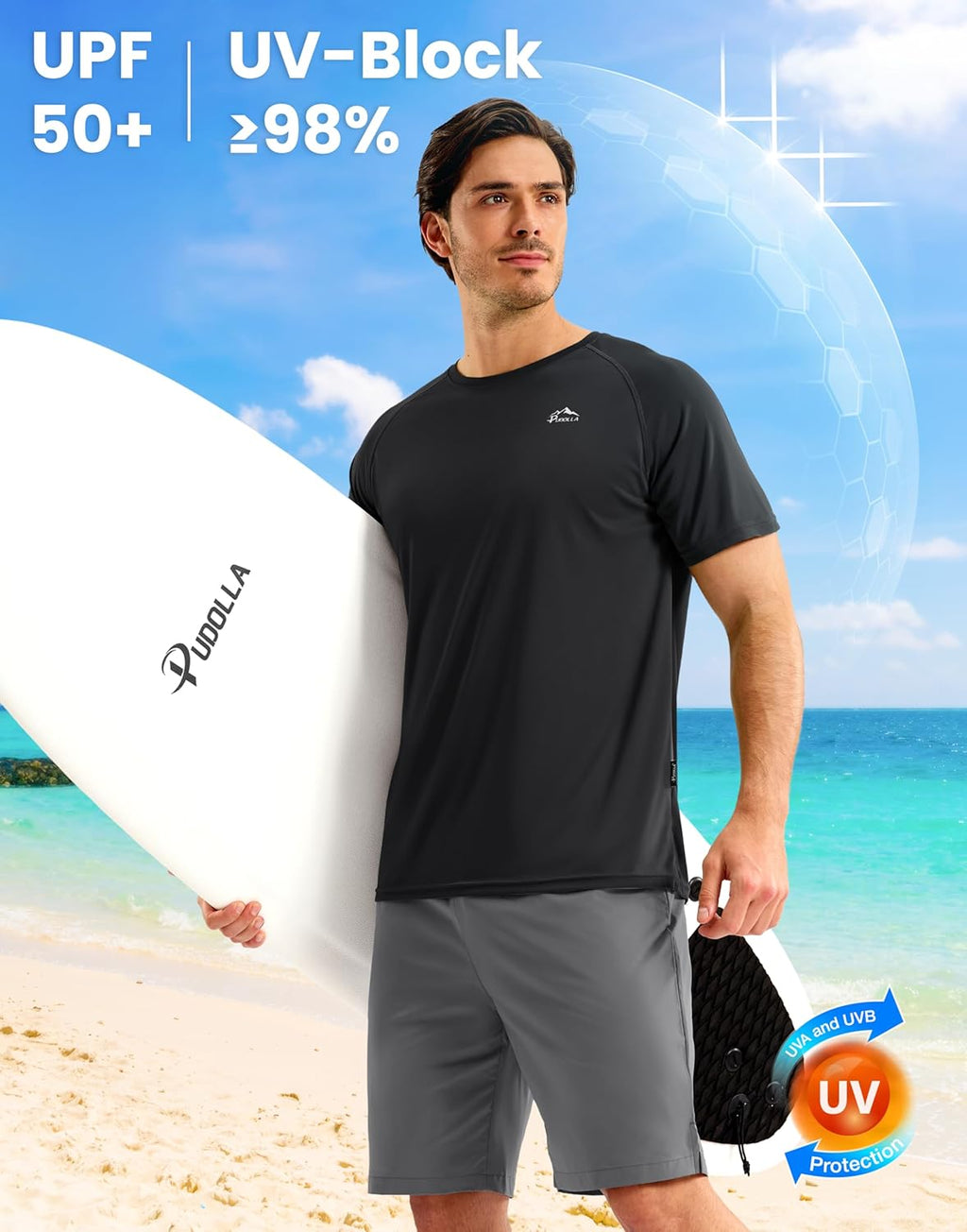 Pudolla Men's Rashguard Swim Shirt - UPF 50+ Sun Protection | Quick-Dry Lightweight Fishing Tee