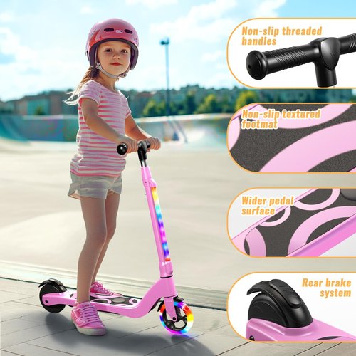 Electric Scooter for Kids Age 6-12, 60W Motor, 5Miles Range, 6.2mph, 5.3" Rubber Tires w/RGB Wheel Lights & 7-Color Headlight, 3 Adjustable Height, Anti-Slip Footpad/Handle, Rear Brake(Pink)