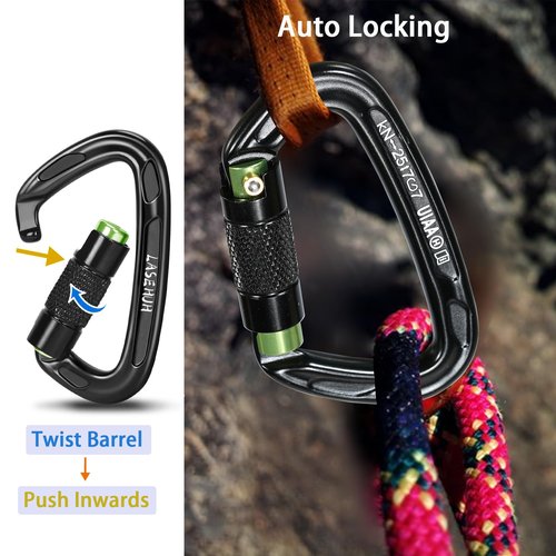 Lasehuh UIAA Certified 25KN Auto Locking Climbing Carabiner Clips, D Shaped, Twist Lock, and Heavy Duty Carabiners for Rock Climbing, Rappelling,3.93 Inch, Large Size. (Black Green-2PCS)