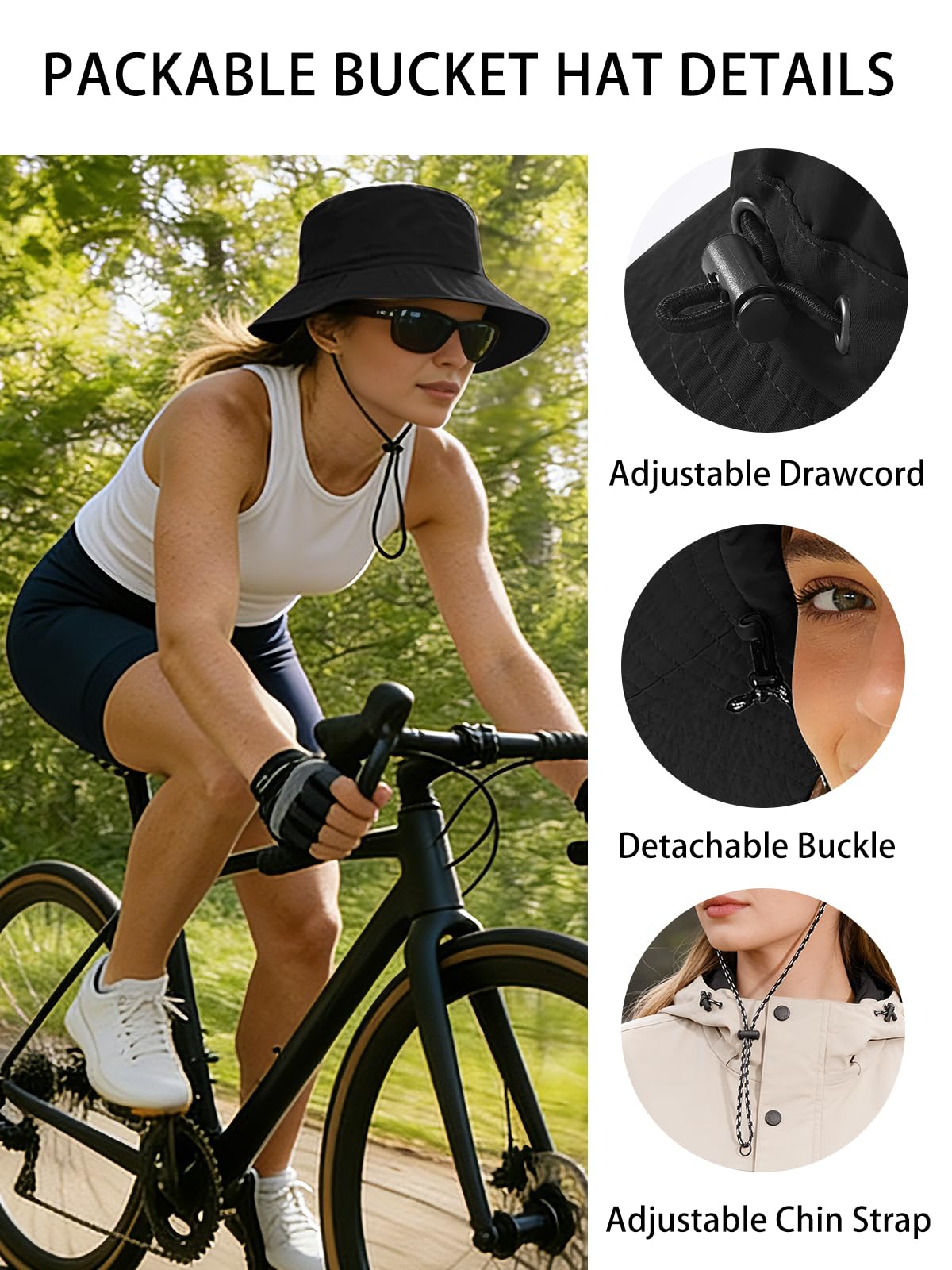 BAIKEA Splash-Proof Packable Bucket Hat for Men Women Lightweight Foldable Fishing Hiking Sun Hat with Adjustable Chin Strap Outdoor Rain Travel Cap One Size Black
