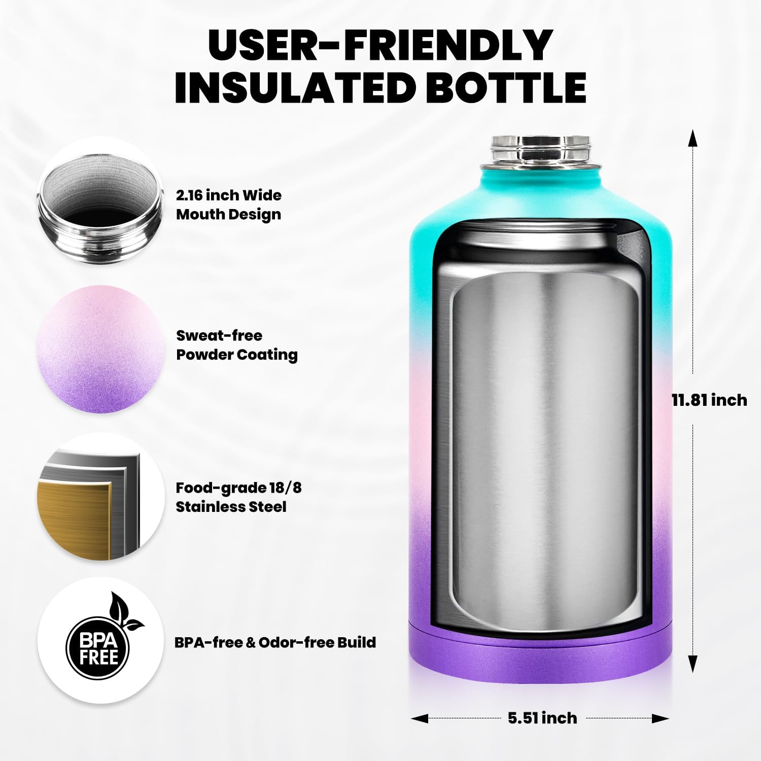 Skiennix Insulated One Gallon Water Bottle - Triple Walled Vacuum Stainless Steel, Leak Proof & BPA Free, Includes Paracord Handle & Straw Spout