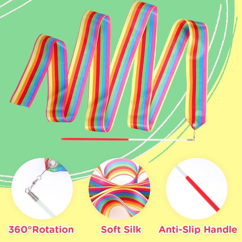 HiUnicorn 12PCS Rainbow Party Favors Dance Ribbons for Kids Circus Carnival Rhythmic Gymnastics Birthday Party Decoration Supplies, Ribbon Baton Twirling Sticks Silks Streamers Wands for Girls