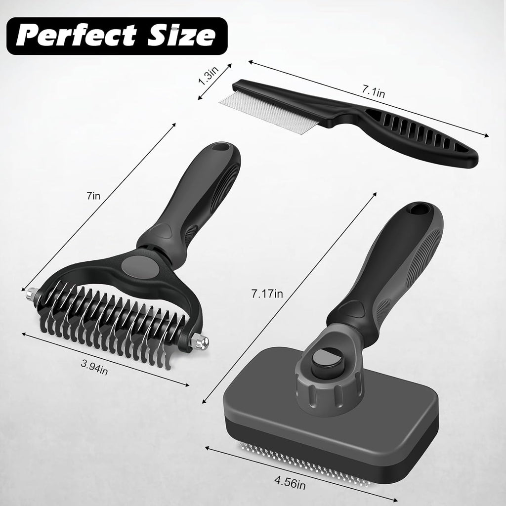 Skiennix Self-Cleaning Slicker Brush Set - Pet Grooming Rake & Flea Comb for Dogs, Cats, Horses | Premium Gray Tool