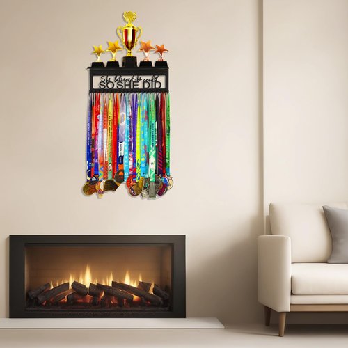 Goutoports Medal Holder Trophy Display Hanger Rack Frame for Sport Race Runner - She Believed She Could - Sturdy Black Steel Metal Over 60 Medals Easy Install - Can Hold Trophies