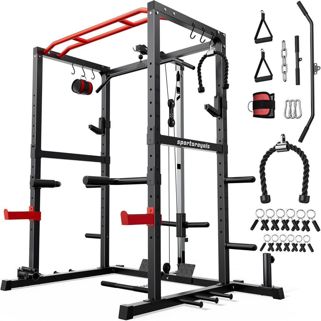 SPORTSROYALS Power Rack - Multi-Functional Squat Cage with Pulley System & LAT Pull Down for Home Gym