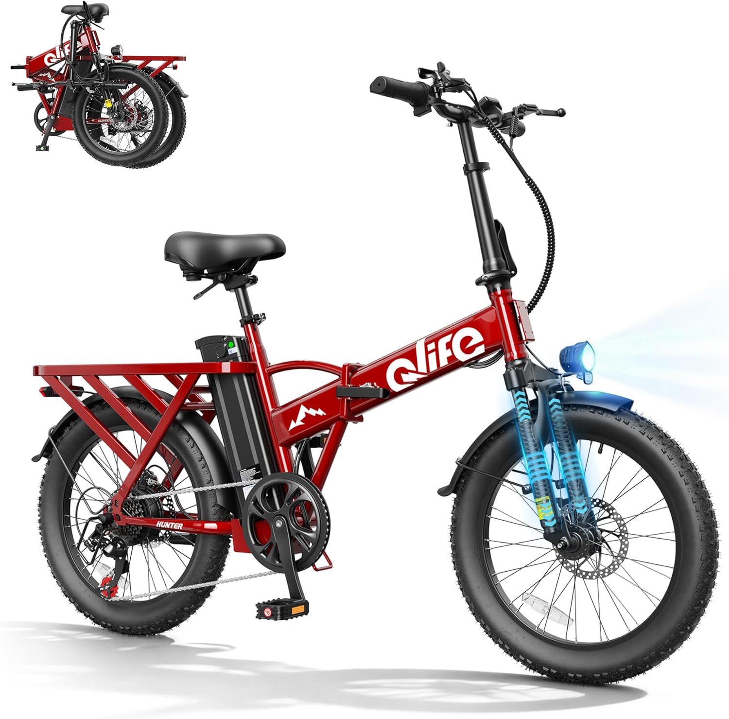 Qlife Hunter Foldable Electric Bike for Adults, Peak 1200W Ebike with 48V 13.5Ah Battery, 65-Mile Range, Heavy-Duty Rear Rack, 20-Inch Fat Tires, Folding E Bike for Commuting & Outdoor Use