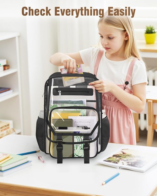 Soimeat Clear Backpack Heavy Duty, Fabric & PVC Transparent Bookbag, See Through Backpacks with Reinforced Strap for Women Men, Large Capacity Clear Backpack for College, Travel, Security, Black