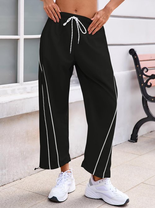 Fisoew Womens Baggy Wide Leg Pants Casual Elastic Waist Drawstring Hiking Workout Cropped Track Pants with Pockets Black