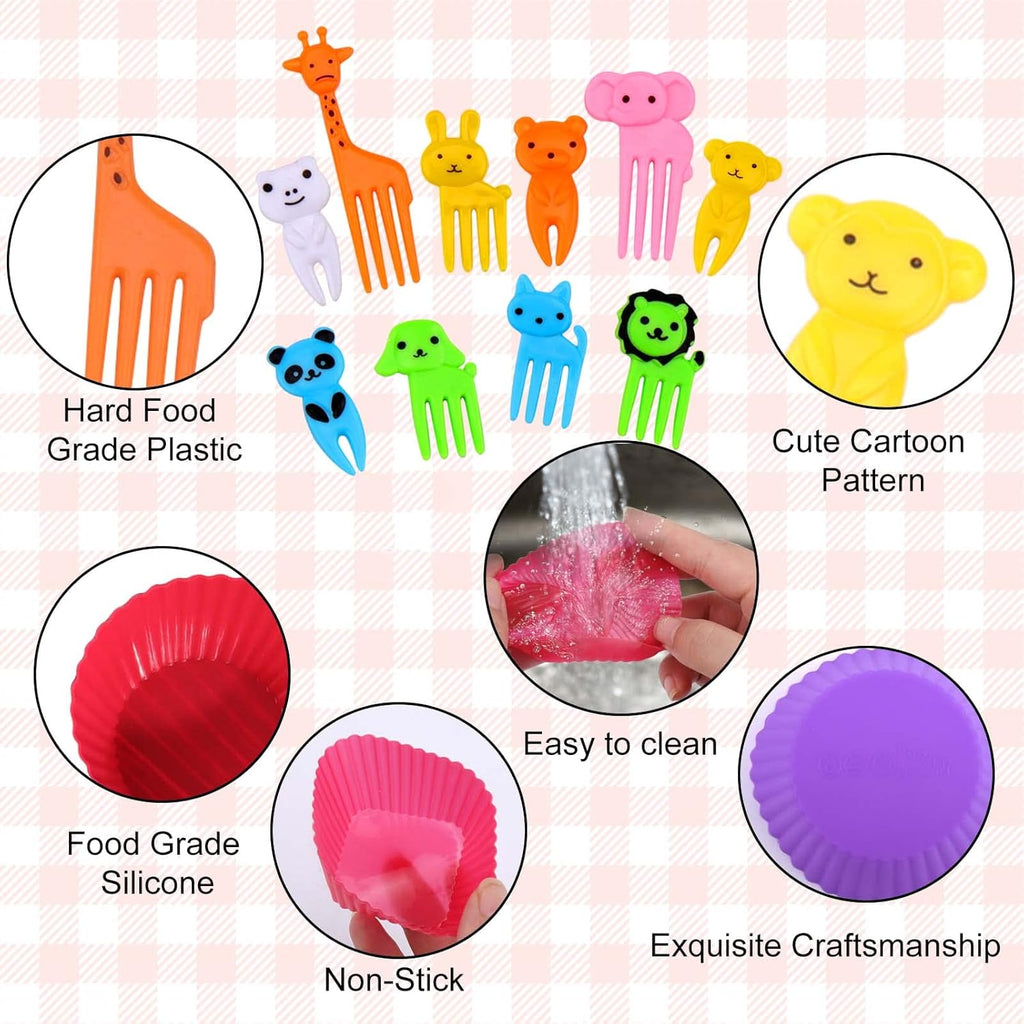 XANGNIER Silicone Lunch Box Dividers - 60 Pcs with Animal Food Picks | Reusable Bento Box Accessories for Kids