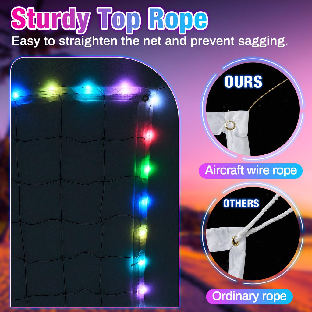 LED Professional Volleyball Net with Steel Cable 31.2x3.3ft Portable Light up Volleyball Net Outdoor with Remote Music Control Glow in The Dark for Backyard Beach Pool Game Outdoor
