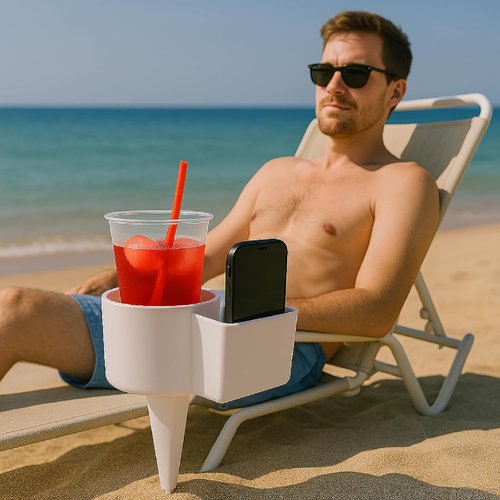 Beach Drink & Phone Holder by Skiennix - 2-Pack Sand Spike Organizer with Pocket for Sunglasses & Keys