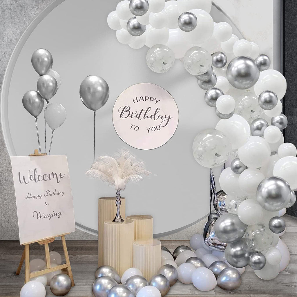 Bezente White Silver Balloon Garland Kit,100Pcs White Silver Metallic Chrome and Silver Confetti Balloons with Balloon Tape for Winter Wonderland Wedding Prom Special Events Party Winter Decor