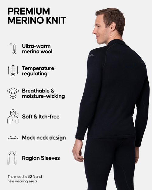DANISH ENDURANCE Merino Wool Men's Thermal Tops for the Extreme Cold, Warm Thermal Underwear for Winter, Black, Large