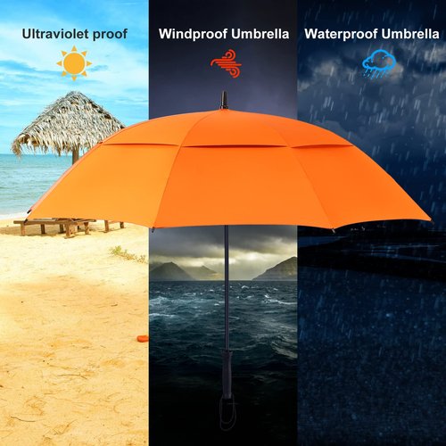 Doubwell Storm Proof Umbrella Sports Golf Umbrella 62 Inch Large Size Sturdy Umbrella UV Protection And Resist Up 55 MPH Strong Wind For Men And Women (Orange)