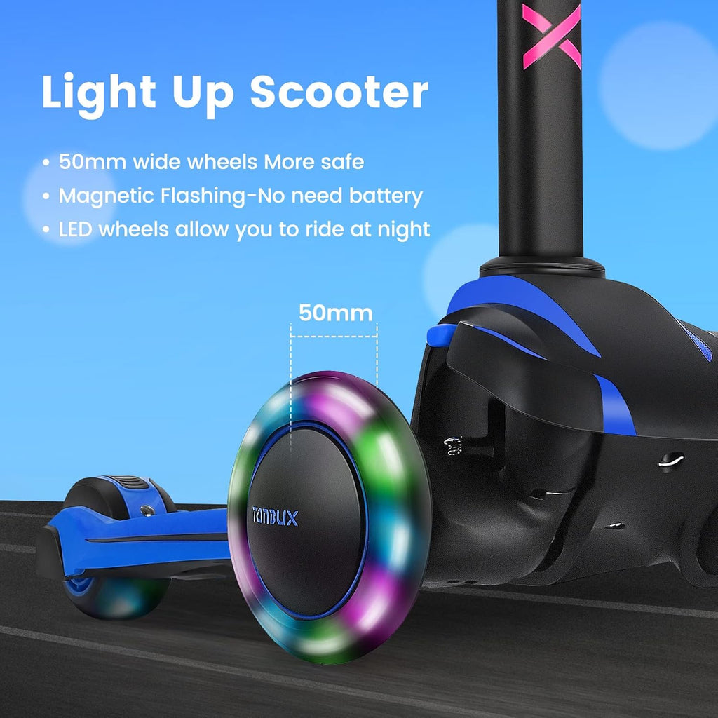 TONBUX Kids Scooter - Adjustable 4 Heights, Light-Up 3-Wheel Design | Shock Absorption & Balance Training for Ages 3-12