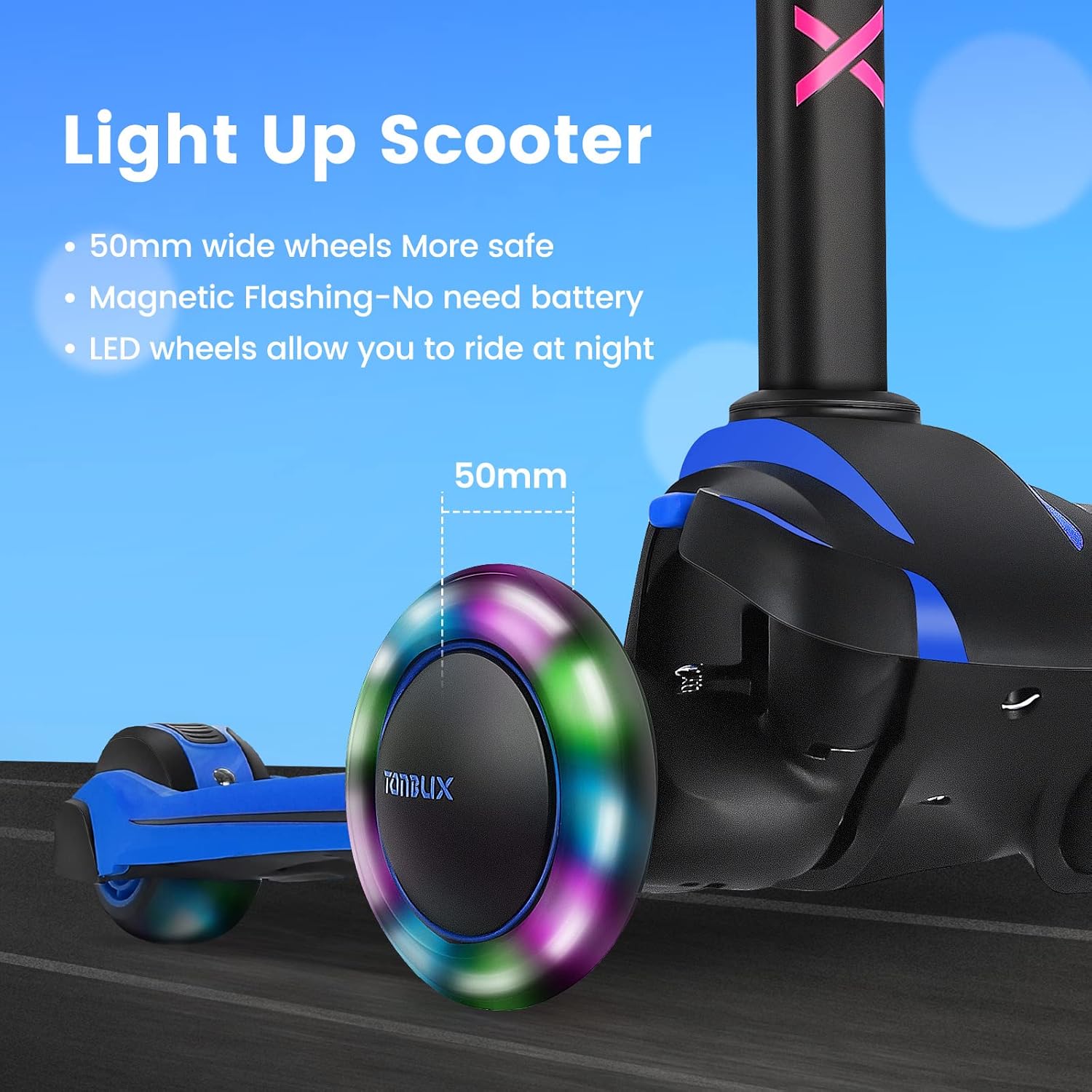TONBUX Kids Scooter - Adjustable 4 Heights, Light-Up 3-Wheel Design | Shock Absorption & Balance Training for Ages 3-12