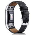 Mornex Replacement Leather Band Compatible with Fitbit Charge 2, Classic Genuine Leather Wristband for Men Women(Black-Silver Buckle)