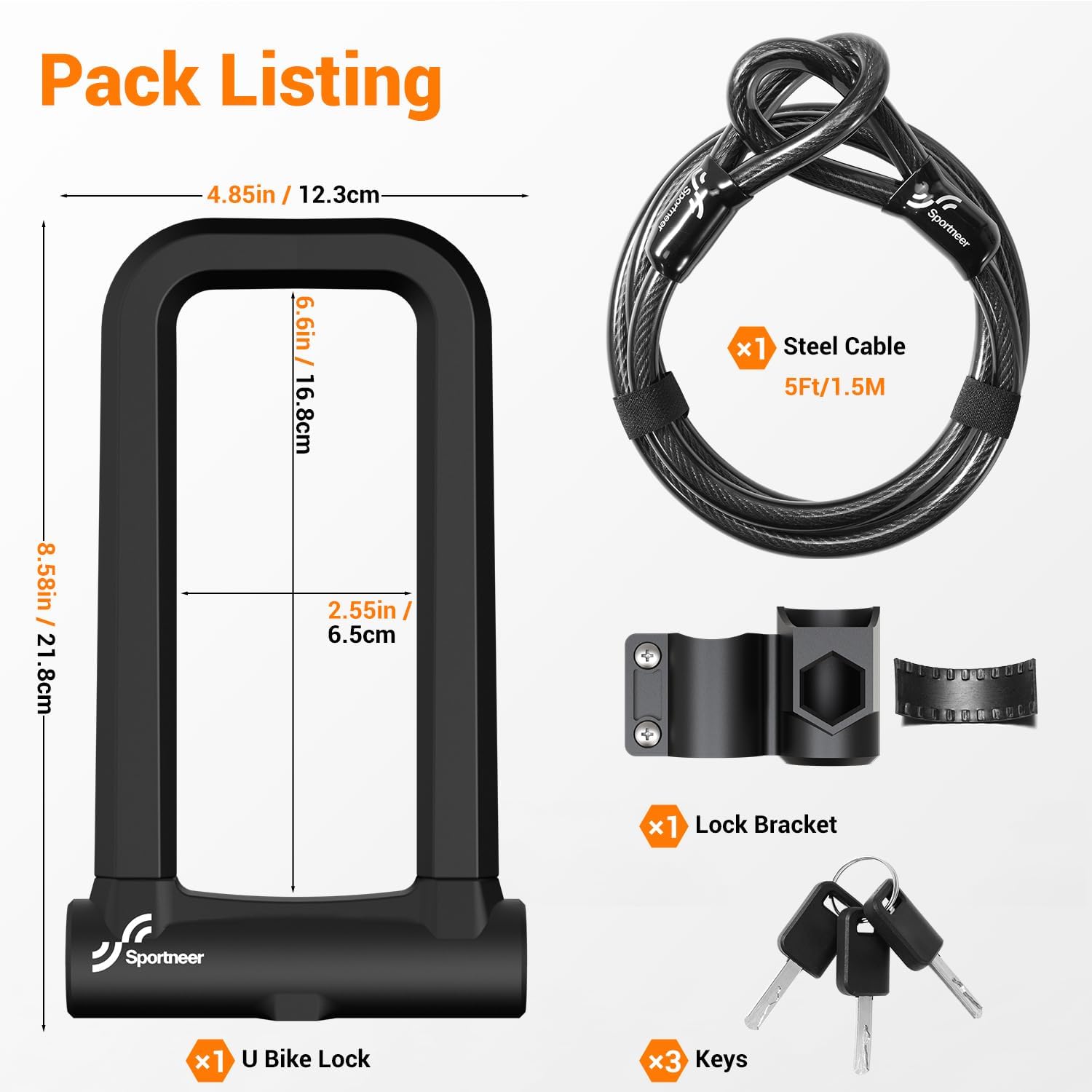 Sportneer Heavy-Duty Bicycle Lock - 18mm Anti-Theft U-Lock with 5ft Steel Cable & 3 Keys | Fits Road & Mountain Bikes, Size 8.58'' x 4.85''