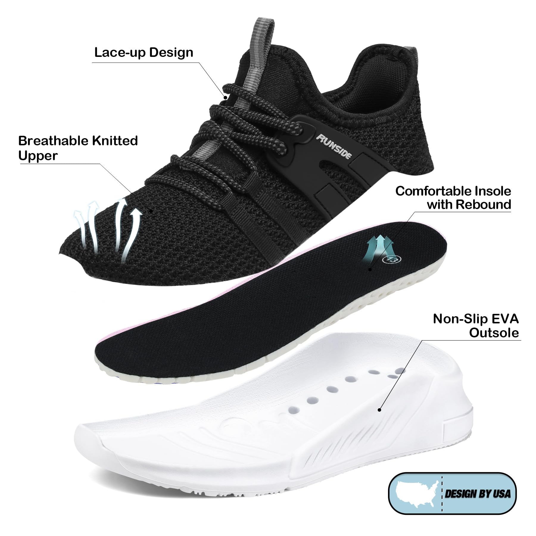 RUNSIDE Boys Girls Tennis Shoes Kids Lightweight Breathable Sneakers Lace-up Running Athletic Shoes for Toddler/Little Kid/Big Kid Black White