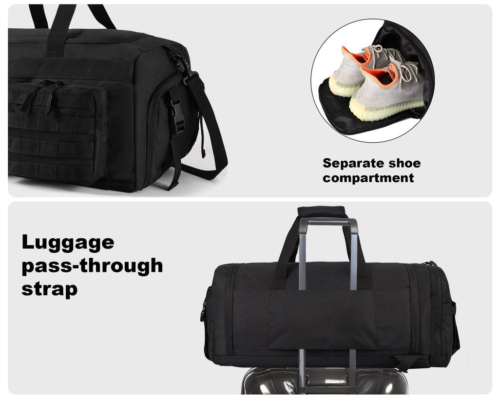 LHI 50L Tactical Duffle Bag for Men, 3-in-1 Gym Duffle and Backpack, Shoe Compartment, Laptop Sleeve and MOLLE, Carry-On Travel Weekender and Overnight Bag – Black