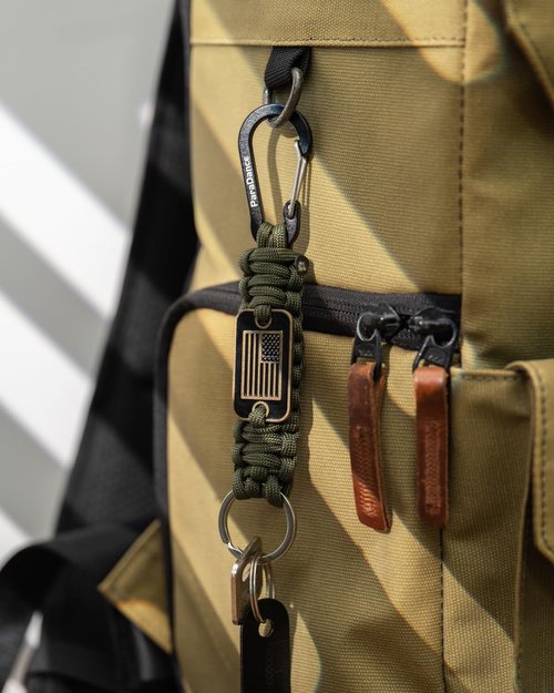 Paracord Keychain Carabiner with Cool USA Flag Men/Women, Military Braided Key Chain with Hook Clip Ring, Heavy Duty Key Lanyard for Car Keys/Backpack, Camping Hiking, 2-Pcs (Green & Camo)
