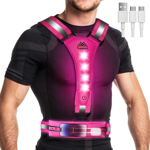 LED Reflective Vest Running Gear, USB-C Rechargeable, Light Up Lights for Night Dog Walking Cycling, Running Phone Holder Vest for Runners, High Visibility with Adjustable Waist/Shoulder