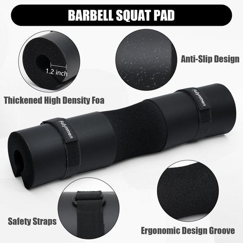 Fulynmen 9Pcs Barbell Pad Set - Hip Thrust & Squat Pad with Anti-Slip Thickened Foam, Securing Straps, Lifting & Ankle Straps, Hip Resistance Bands, Carry Bag - Black