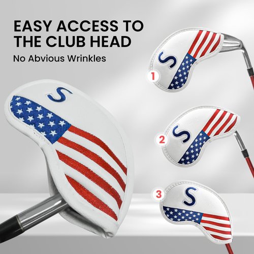 Amy Sport Golf Iron Head Covers Strong Magnetic Closure Value 9 Pack, Premium Synthetic Leather Deluxe Headcovers USA Flag Design, Universal Head Cover Fit Main Irons Clubs (White-USA Flag)
