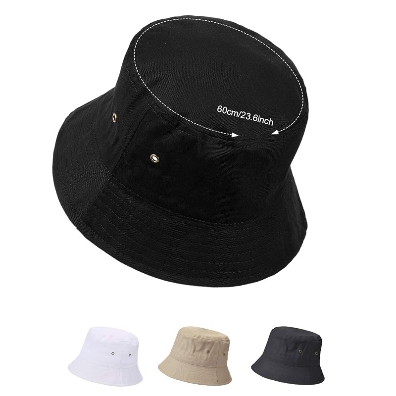 SATINIOR 4-Piece Bucket Hat Set – Cotton Summer Hats in Black White Khaki Dark Grey (Large)