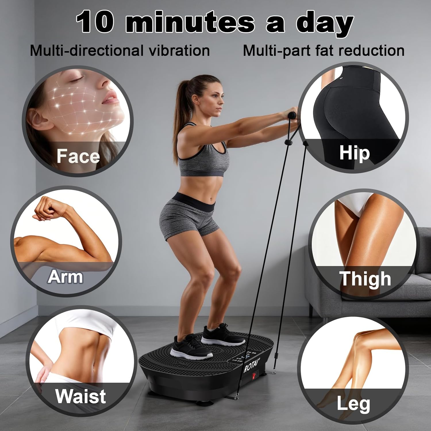 ROTAI Vibration Plate Exercise Machine - Full Body Fitness Platform for Weight Loss & Fat Burning | Adjustable Shake Plate in Black