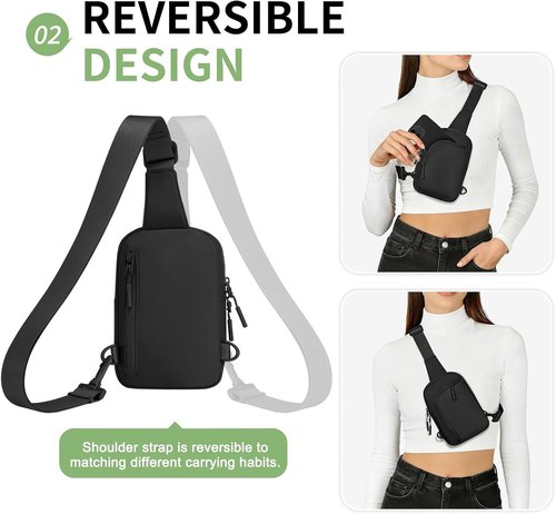Mini Sling Bag for Men Women, Crossbody Fanny Packs Fits for 6.3" Phone, Reversible Nylon Chest Bag for Travel Running Hiking (Black)